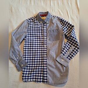 Mini Boden boys gingham & striped button down blue & white shirt, EUC